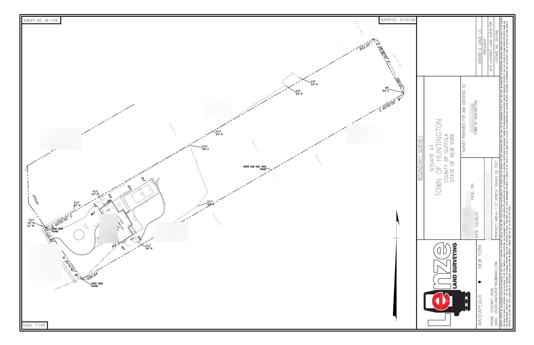 A signed boundary survey of a Long Island parcel showing measured property lines, monuments found, fences and building locations