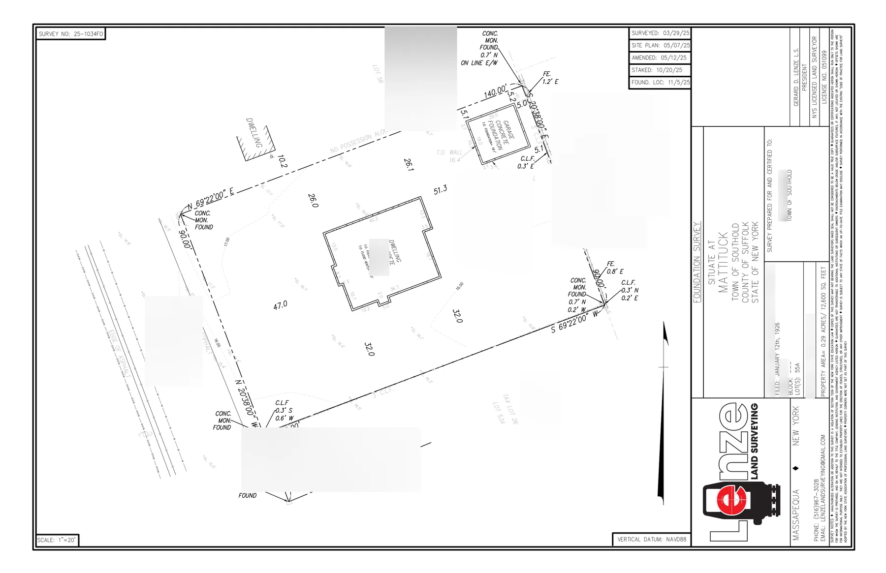 A foundation survey showing the poured foundation dimensioned to the property lines with concrete monuments found