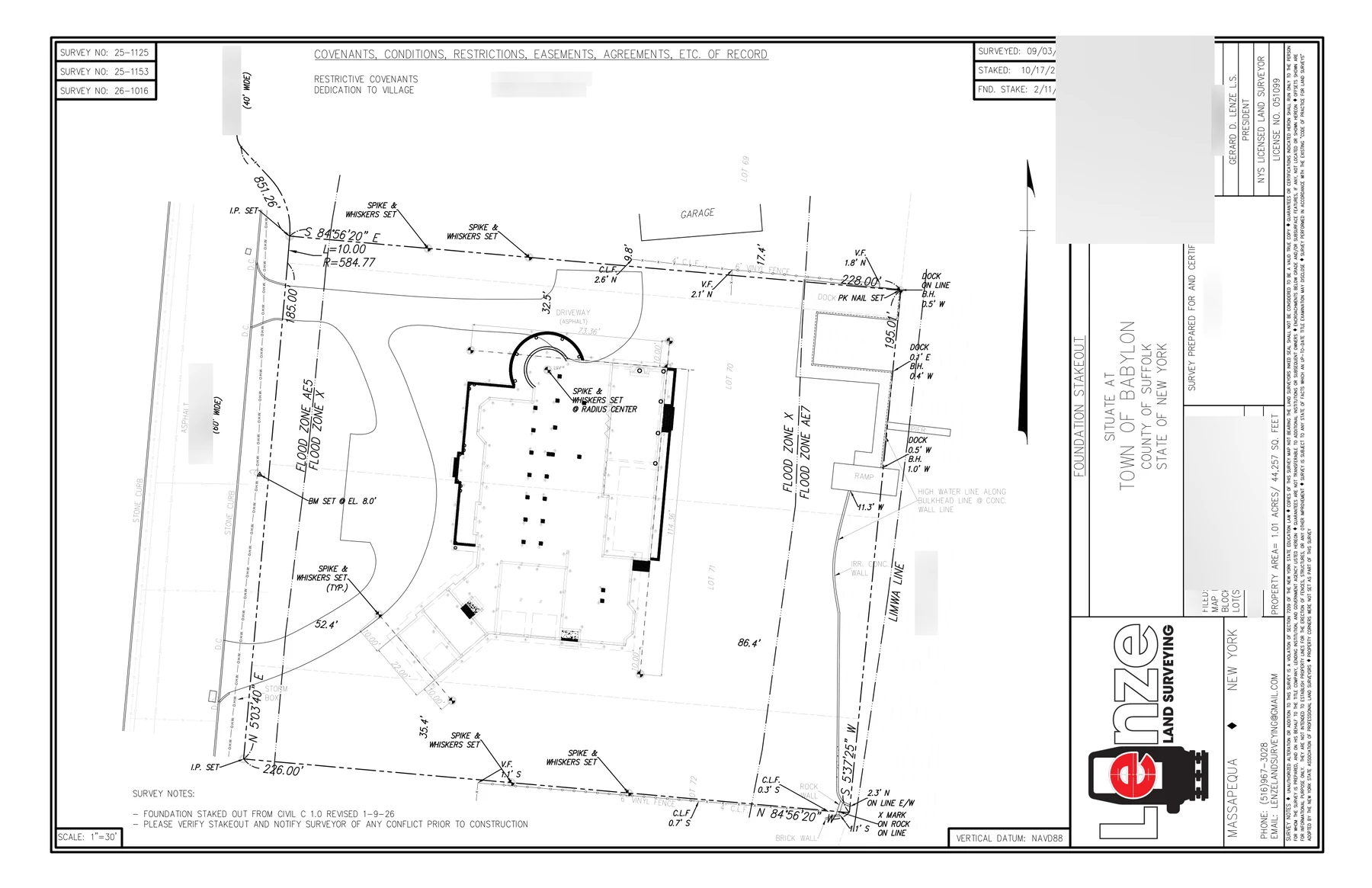 A stakeout map showing spikes and whiskers set at property corners and building offsets for a new foundation