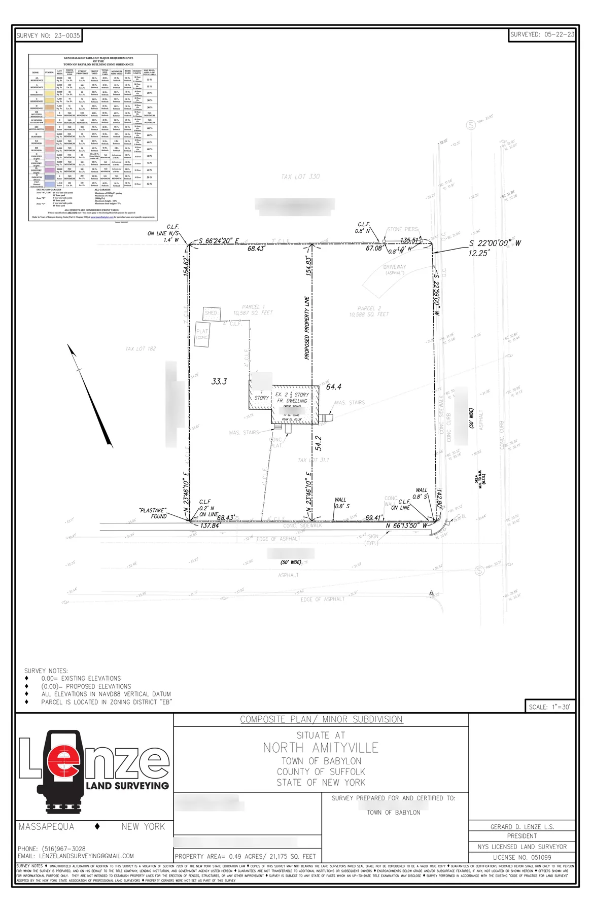 A composite plan for a minor subdivision showing a proposed property line dividing a parcel into two lots, with a zoning table