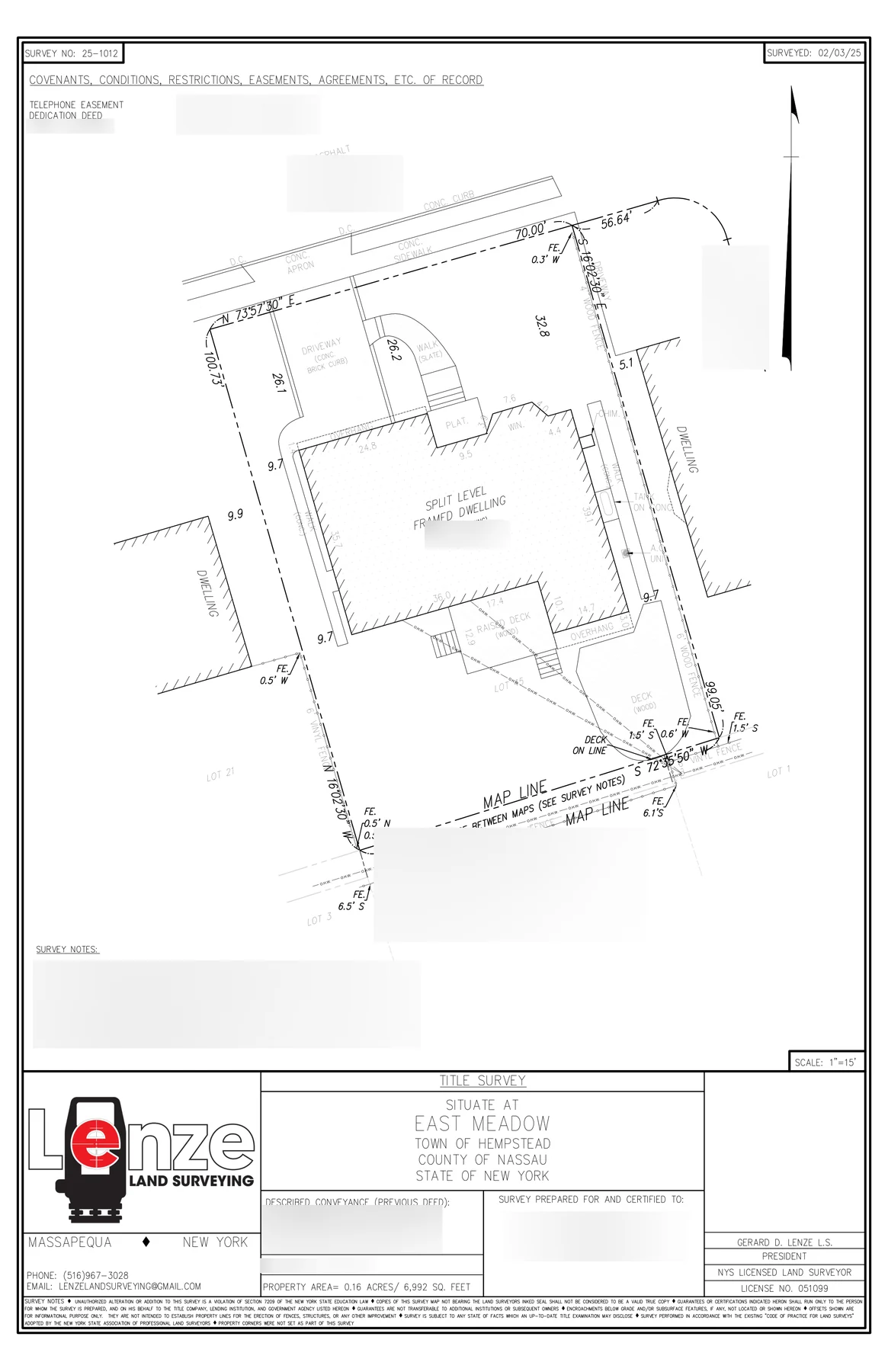 A title survey showing the dwelling, measured property lines, easements of record, fences and offsets, certified to a title company