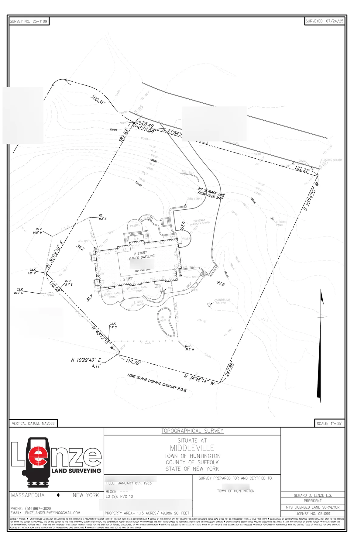 A topographical survey showing contour lines, spot elevations, the dwelling and a setback line from a filed map
